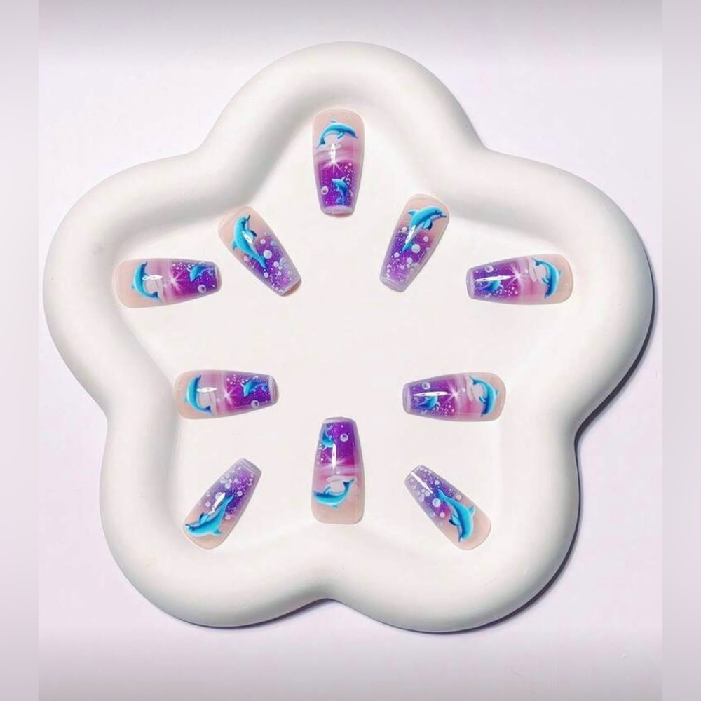 Leaping Dolphins Coffin Nail Kit, Blue, Purple, Press-On Nails, New - Picture 3 of 6